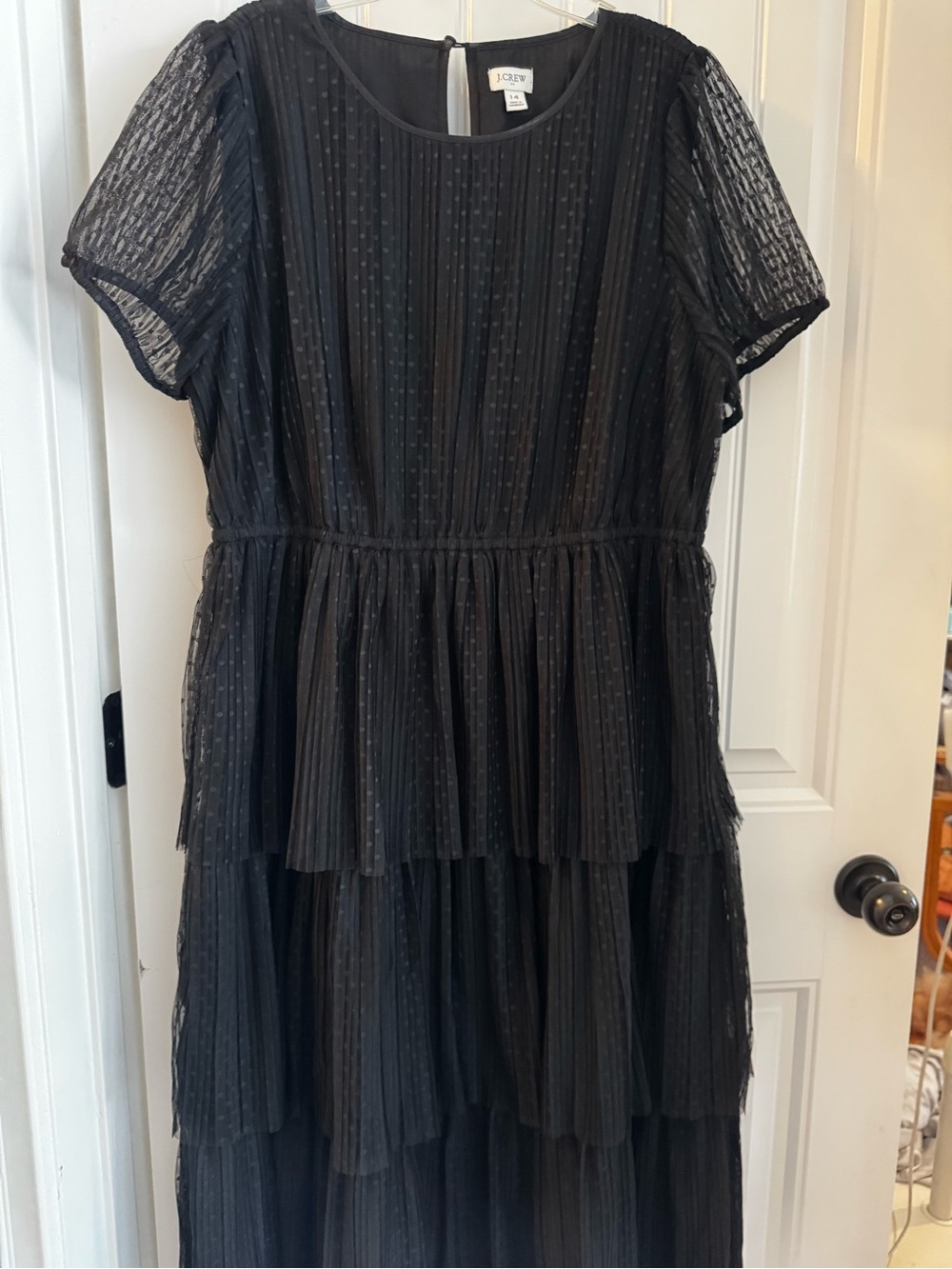 J.Crew Black Swiss Dot Tiered Midi Dress Size 14 Pleated Sheer Sleeve